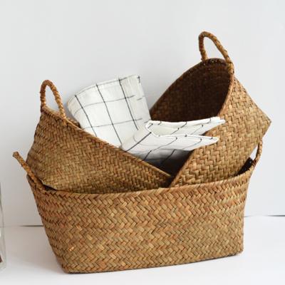 China Sustainable Hot Sale Customized 3 Piece/set Boat Natural Wicker Rattan Seagrass Storage Basket with Lid for sale