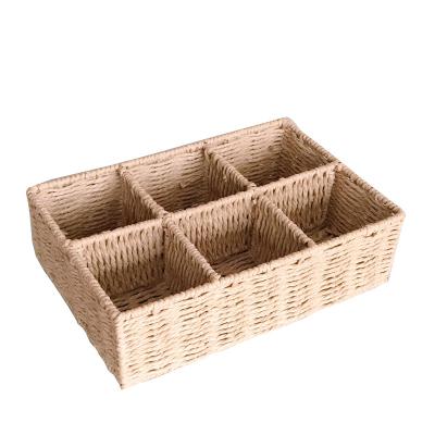 China Sustainable High Quality 6 Compartment Rectangle Natural Weaving Rattan Seagrass Storage Basket for sale