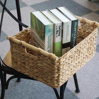 China Sustainable Large Basket Rectangular Natural Rattan Water Hyacinth Basket with Wooden Handles for Shelves for sale