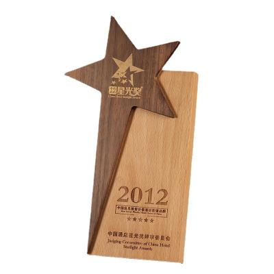 China Europe Black Walnut Five Pointed Solid Star Wood Trophy Wooden Medal Company Employee Award Honor for sale