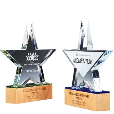 China Wooden Base Crystal Five Pointed Star Trophy Transparent White Various Europe Competition Award Gifts for sale