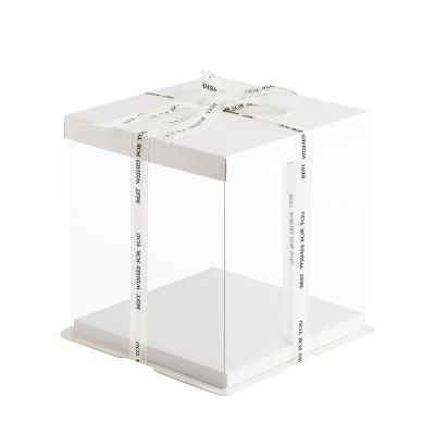 China Recyclable Transparent Cake Box With Clear Bowknot Ribbon Gift Box 4/6/8/10/12 Inch High Square Cake Packaging Box for sale