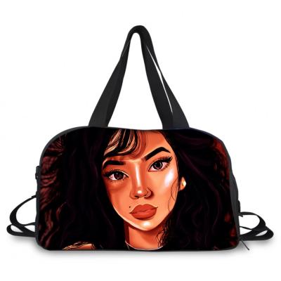 China Feminine Custom Made African Girl Eco-Friendly Yoga Exercise Fitness Lady Travel Bag Black Art Printed Zipper Travel Bag Manufacturer for sale