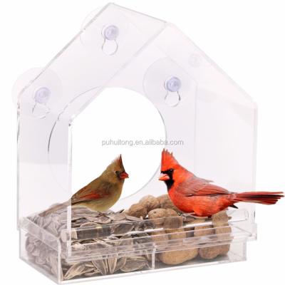 China Large Sustainable Clear Acrylic Window Bird Feeder With Sliding Feeder Tray for sale