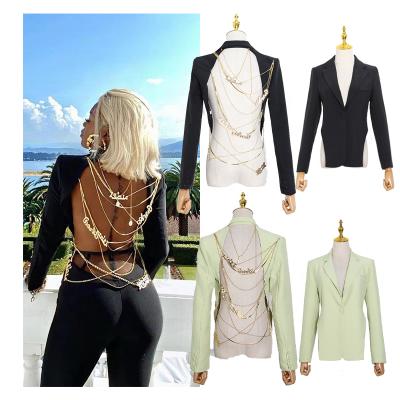 China Anti Wrinkle Anti-wrinkle Ladies Fashion Casual Suit With Back Metal Chain Decoration Black Suit Jacket Women Blazers Suits for sale