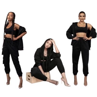 China Wholesale Custom Women's Oversized Sweatshirts Hoodies Mult-colors Cotton Bra Jogger Breathable Zipper Jacket 3 Piece Sets for sale