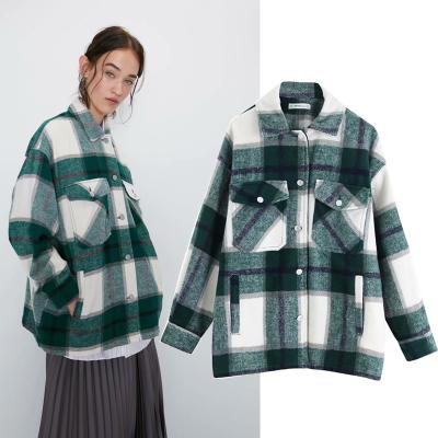 China High Quality Breathable Multi Color Autumn Women Fashion Jacket Woolen Plaid Shirt Loose Coats for sale