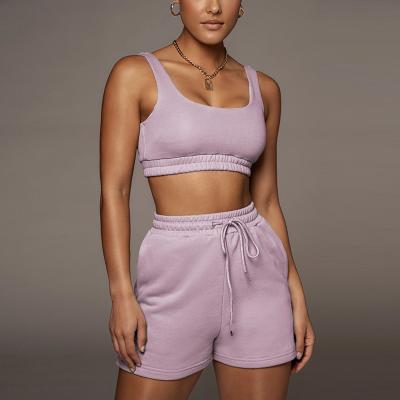 China No MOQ Custom Logo Cotton Anti-pilling Anti-pilling Women Casual Crop Sets New 2 Piece Solid Color Two Piece Tops Shorts Lilac Pants Clothing Sets for sale