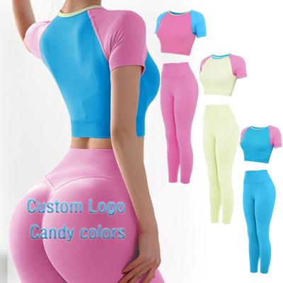 China Custom Seamless Yoga 2021 Breathable Fitness Macarons Legging Set Women Sportswear T-shirt Running Workout Two Piece Sets for sale