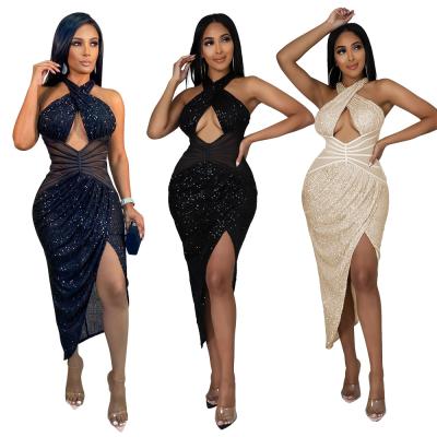 China Washable Evening Dress Teams 2022 Women Party Popular Hollow Out Sequined Slit Backless Sleeveless Maxi Seductive Nightclub Dresses for sale