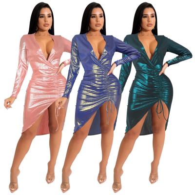 China 2022 Spring Workable Deep V Neckline Long Sleeve Drawstring Ruched Solid Dress Women Bodycon Party Wear Nightclub Dresses for sale