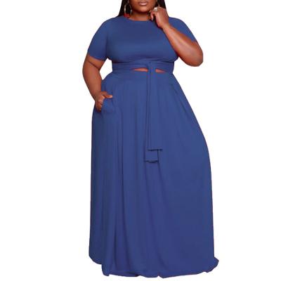 China Plus Size Pure Color 2021 Summer Clothes Fashionable Plus Size Hollow Pocket Maxi Dresses For Women Link-wrap Short Sleeve Crew Neck for sale