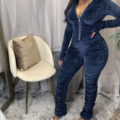 China 2021 Breathable Women Fall Clothing Soild Zipper Ruched Hooded Long Sleeve Womens One Piece Rompers For Ladyies Bodycon Velvet Jumpsuit for sale