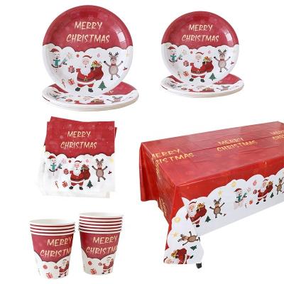 China Direct use New Christmas decorations for table paper tray paper cup set disposable tableware napkin tablecloth Christmas party tableware for sale