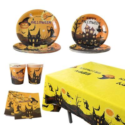 China Direct use New Halloween decorations disposable paper tray paper cup tablecloth napkin Set Halloween party tableware for sale