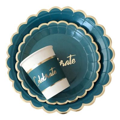 China Direct use Party supplies products wedding birthday gilded dark green paper plate paper cup tablecloth disposable tableware set for sale