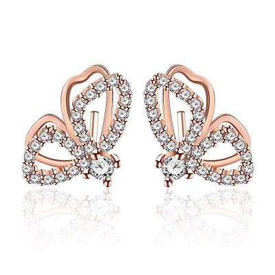 China Cute Bling 925 Sterling Silver Rose Gold Plated Zircon Butterfly Stud Earrings Women for sale