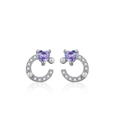 China Cute Cartoon Cute 925 Sterling Silver Purple Heart Zircon C Shaped Geometric Micro Pave Stud Earring for sale