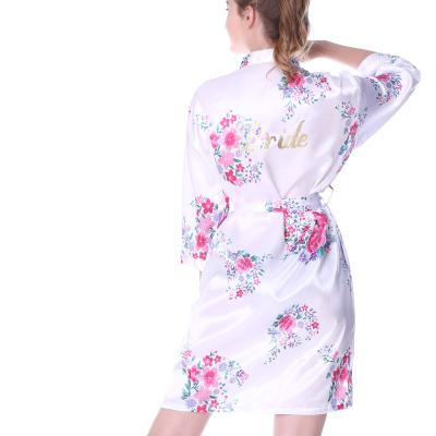 China Summer Women's Silk Sleepwear Mini Short Kimono Floral Wedding Long Robe Girl's Breathable Satin Pajamas With Gold Glitter Rhinestones On The Back for sale