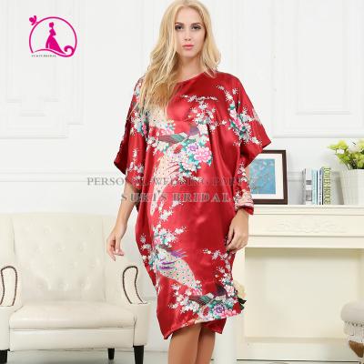 China Purplish Red Lady Silk Satin Pajama Breathable Long Robe Nightgown Robe Kimono Sleepwear Lingerie Long for sale