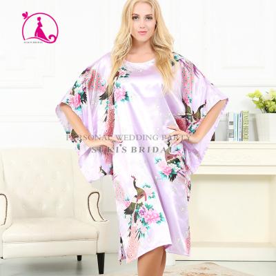 China Lady's Silk Satin Pajama Lingerie Sleepwear Kimono Robe Nightgown Long Breathable Robe Long Light Purple for sale