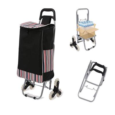 China Fashionable Red Stripe Folding Shopping Cart Rolling Bag with 3 Wheels for Service Climb Staircase Grocery Laundry (Black) for sale