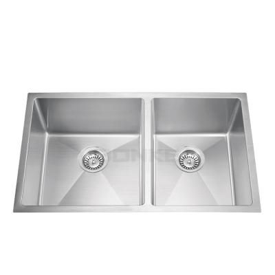 China Without Undermount Handmade Kitchen Sink Double Faucet Offset Stainless Steel Bowl for sale