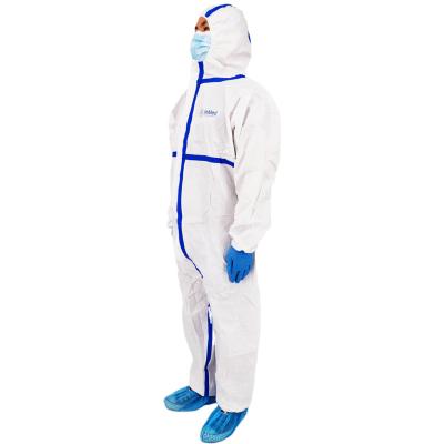 China Disposable Nonwoven SF PP+PE Coverall With Hood Coverall With Waterproof Dark Blue Tape for sale