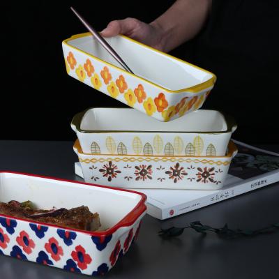 China Disposable Binaural Oblong Dish Tray Oven Tray Cheese Baking Rice Ceramic Household American Bohimian Ceramic Cookware for sale