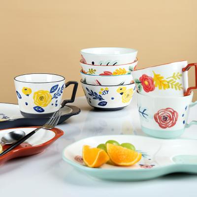 China Stocked Handle Hand Painted Ceramic Dishes Set Breakfast Dish Cereal Bowl Combination Tableware for sale