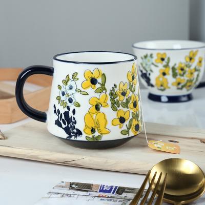 China Household Disposable Breakfast Bowl Oatmeal Cup Underlay Tumbler Ceramic Hand Painted High Capacity Milk Cup for sale