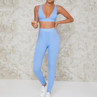 China Breathable Custom Women Gym Yoga Clothes Two Piece Pants Set Ribbed V-Neck Bra And High Rise Leggings Set for sale