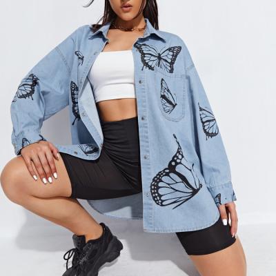 China 2021 Anti-wrinkle Fashion Clothes Drop Shoulder Printing Loose Butterfly Denim Jacket For Women for sale