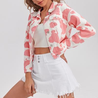 China Wholesale Custom Anti-wrinkle Women's Drop Shoulder Scare Print Crop Denim Jacket for sale