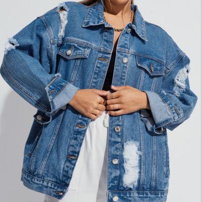 China Anti-Wrinkle Wholesale Custom Design Women's Loose Ripped Denim Long Jacket For Ladies for sale