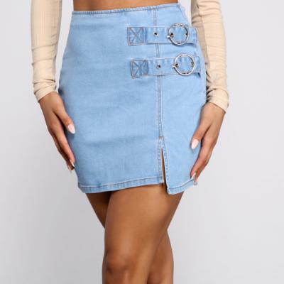 China New Anti-Static Fashion Women Double Loop Light Bule Split Mini Denim Skirts for sale