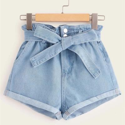 China High Waist Wholesale QUICK DRY Jeans Ladies Denim Paper Bag Waist Short Belted Shorts for sale