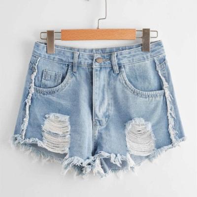 China Custom Womens Casual Blue QUICK DRY High Waist Ripped Raw Edge Denim Shorts for sale