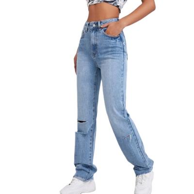 China Custom Casual Stylish Light Wash QUICK DRY High Waist Ripped Edge Raw Jeans For Women for sale