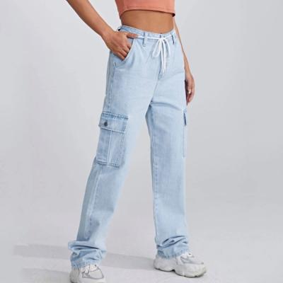 China Women Breathable Custom High Waisted Straight Leg Flap Pocket Belted Cargo Jeans for sale