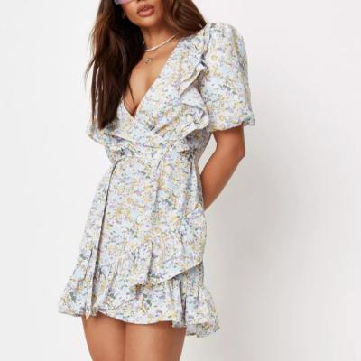 China Floral Print Anti-static Wholesale Vintage Ruffle V-Neck Short Sleeve Mini Dress for sale