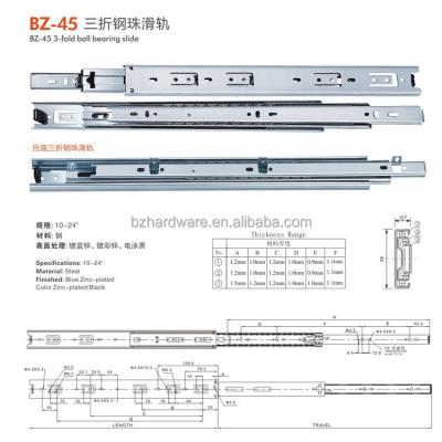 China Modern 3 Fold Full Extension 45mm Channel Ball Bearing Telescopic Drawer Slide for sale