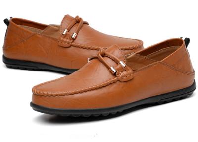 China Moccasin Toe Top Loafer Slip On Shoes Grain Leather Upper With Leather Knot Buckle for sale