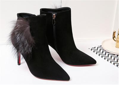 China Pointed Toe Ankle Length Boots Sheep Suede High Heel Ankle Shoes With Fox Fur Ornaments for sale