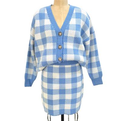 China Anti-wrinkle Fashion Plaid Top Women Knitted Cardigan Skirt Suit Twin Set Sweater for sale