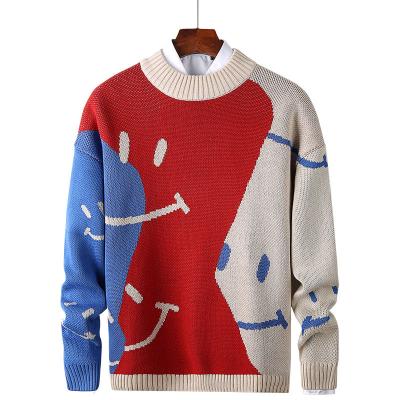 China Breathable winter Korean version of the loose fashion smile pattern contrast color basic sweater knit sweater for men for sale