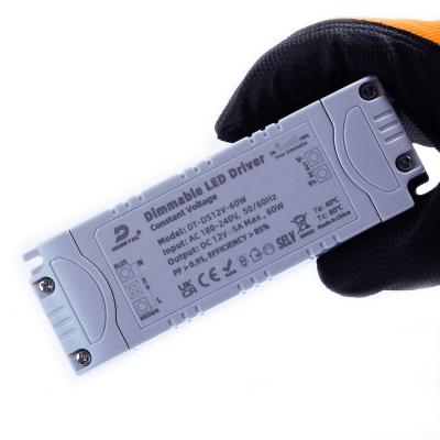 China LED Lighting DUSKTEC AC 180-240V DC 12V Triac Dimmable Slim LED Driver 5000mA 5A 60W Constant Voltage Power Supply for Ceiling Panel Lights for sale