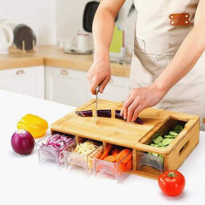 China Sustainable Custom Bamboo Chopper With Storage 4 Drawer Bamboo Chopping Cutting Board With Containers for sale