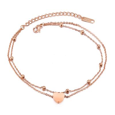 China Fashion viable double-layer peach heart love foot chain titanium steel beach anklet for sale