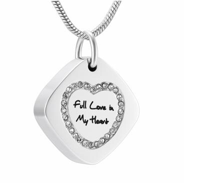 China CLASSIC Crystal Heart In Square Shape Ashes Necklace Full In Love In My Heart Memorial Cremation Urn Pendant Jewelry For Ashes Wholesale for sale